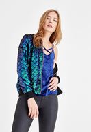 Women Navy Velvet Blouse with Pipe Detail