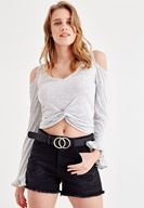 Bayan Gri Kolları Fırfır Detaylı Tişört