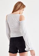 Bayan Gri Kolları Fırfır Detaylı Tişört