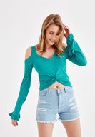 Bayan Yeşil Kolları Fırfır Detaylı Tişört