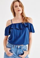 Bayan Mavi Fırfır Detaylı Düşük Omuzlu Bluz