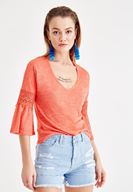 Bayan Kırmızı V Yaka Kolları Dantel Detaylı Bluz