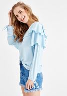 Bayan Mavi Düşük Omuzlu Fırfır Detaylı Bluz