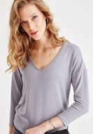 Bayan Gri Uzun Kollu V Yaka Basic Tişört
