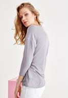 Bayan Gri Uzun Kollu V Yaka Basic Tişört
