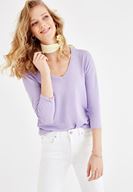 Bayan Mor Uzun Kollu V Yaka Basic Tişört