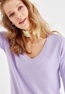 Bayan Mor Uzun Kollu V Yaka Basic Tişört