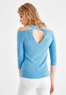 Bayan Mavi Uzun Kollu Yaka Detaylı Triko