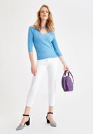 Bayan Mavi Uzun Kollu Yaka Detaylı Triko