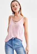 Bayan Pembe Yakası Bağlamalı İnce Askılı Bluz