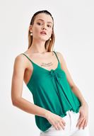 Bayan Yeşil İnce Askılı Önü Büzgü Detaylı Bluz