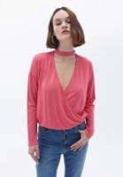 Bayan Pembe Choker Yakalı Kruvaze Bluz