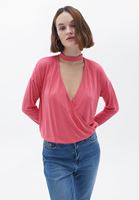 Bayan Pembe Choker Yakalı Kruvaze Bluz