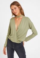 Bayan Yeşil Choker Yakalı Kruvaze Bluz