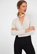Bayan Gri Choker Yakalı Kruvaze Bluz