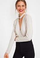 Bayan Gri Choker Yakalı Kruvaze Bluz