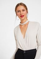 Bayan Gri Choker Yakalı Kruvaze Bluz