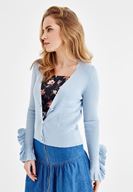 Bayan Mavi Kolları Fırfır Detaylı Düğmeli Hırka