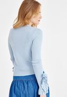 Bayan Mavi Kolları Fırfır Detaylı Düğmeli Hırka