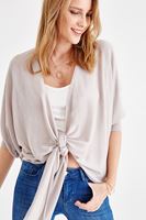 Bayan Gri Önü Bağlamalı Püskül Detaylı Triko