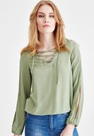 Bayan Yeşil Önü Bağlamalı Kol Detaylı Bluz