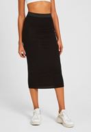 Bayan Siyah Beli Lastik Detaylı Diz Altı Etek
