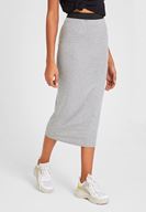 Bayan Gri Beli Lastik Detaylı Diz Altı Etek