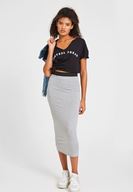 Bayan Gri Beli Lastik Detaylı Diz Altı Etek