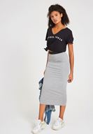 Bayan Gri Beli Lastik Detaylı Diz Altı Etek