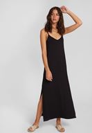 Bayan Siyah İnce Askılı Yırtmaç Detaylı Uzun Elbise