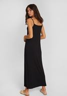 Bayan Siyah İnce Askılı Yırtmaç Detaylı Uzun Elbise