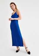 Bayan Lacivert İnce Askılı Yırtmaç Detaylı Uzun Elbise