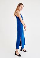 Bayan Lacivert İnce Askılı Yırtmaç Detaylı Uzun Elbise