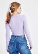 Bayan Mor V Yaka Önü Düğmeli Tişört