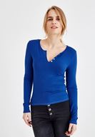 Bayan Lacivert V Yaka Önü Düğmeli Tişört