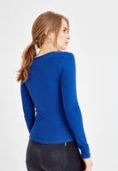 Bayan Lacivert V Yaka Önü Düğmeli Tişört