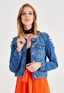 Bayan Mavi Yırtık Detaylı Jean Ceket