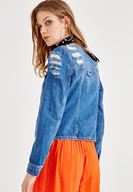 Bayan Mavi Yırtık Detaylı Jean Ceket