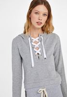 Bayan Gri Biye Detaylı Kısa Sweatshirt