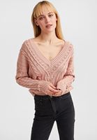 Bayan Pembe Örgü Detaylı V Yaka Triko