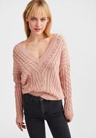 Bayan Pembe Örgü Detaylı V Yaka Triko