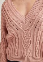 Bayan Pembe Örgü Detaylı V Yaka Triko