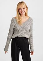 Bayan Gri Örgü Detaylı V Yaka Triko