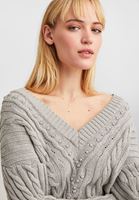 Bayan Gri Örgü Detaylı V Yaka Triko