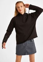 Bayan Siyah Kol Detaylı Kapüşonlu Sweatshirt
