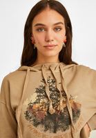 Bayan Bej Baskılı Kısa Sweatshirt
