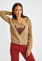 Bayan Bej V Yaka Baskılı Sweatshirt
