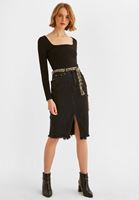 Bayan Gri Kemer Detaylı Denim Etek