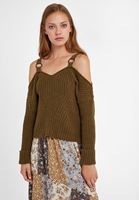 Bayan Yeşil Aksesuar Detaylı Triko Kazak