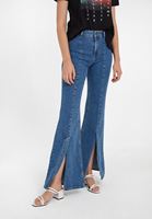 Bayan Mavi Yüksek Bel Yırtmaç Detaylı Pantolon